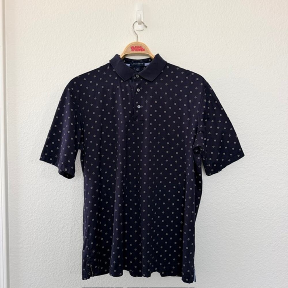 Lands' End Polo Shirt Men's Large 42-44 Navy Blue Floral Short Sleeve Cotton